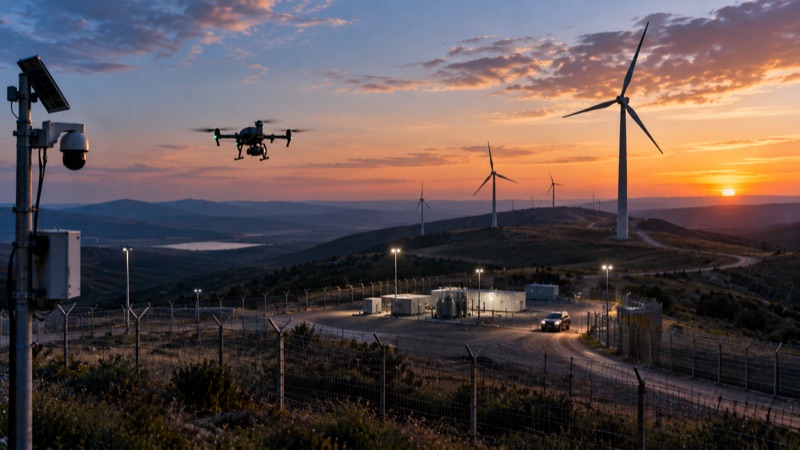 Dronă în zbor lângă o cameră de supraveghere, deasupra unui parc eolian la apus
