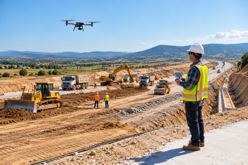 Operator cu tabletă pilotând o dronă deasupra unui șantier de infrastructură