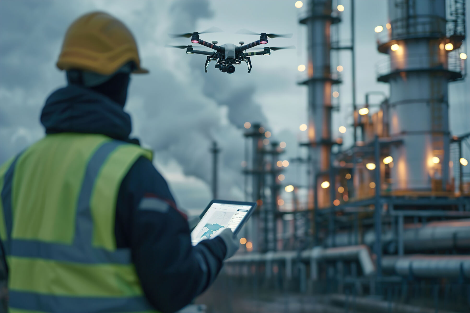 Operator DroneFlight analizând date în timp real pe tabletă robustă lângă o instalație industrială