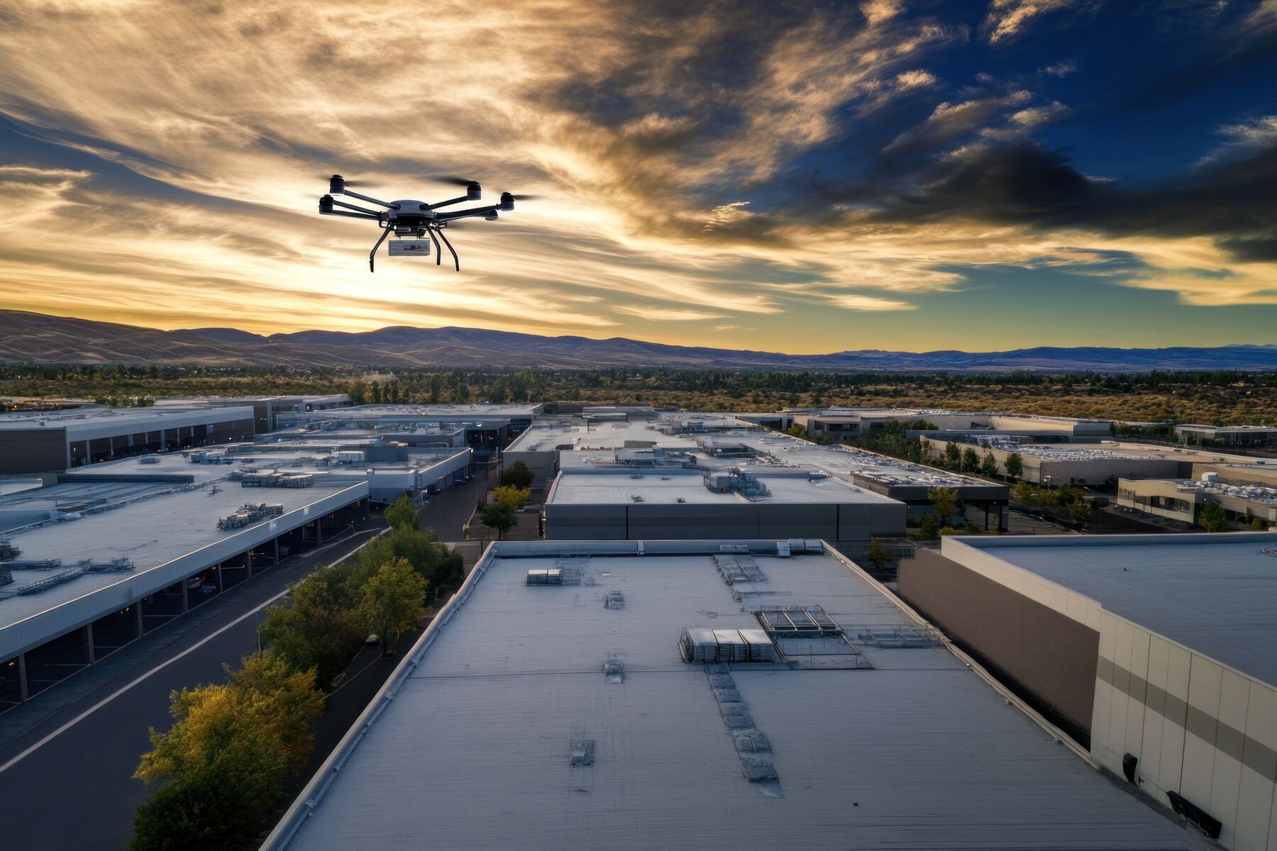 Dronă survolând o instalație industrială
