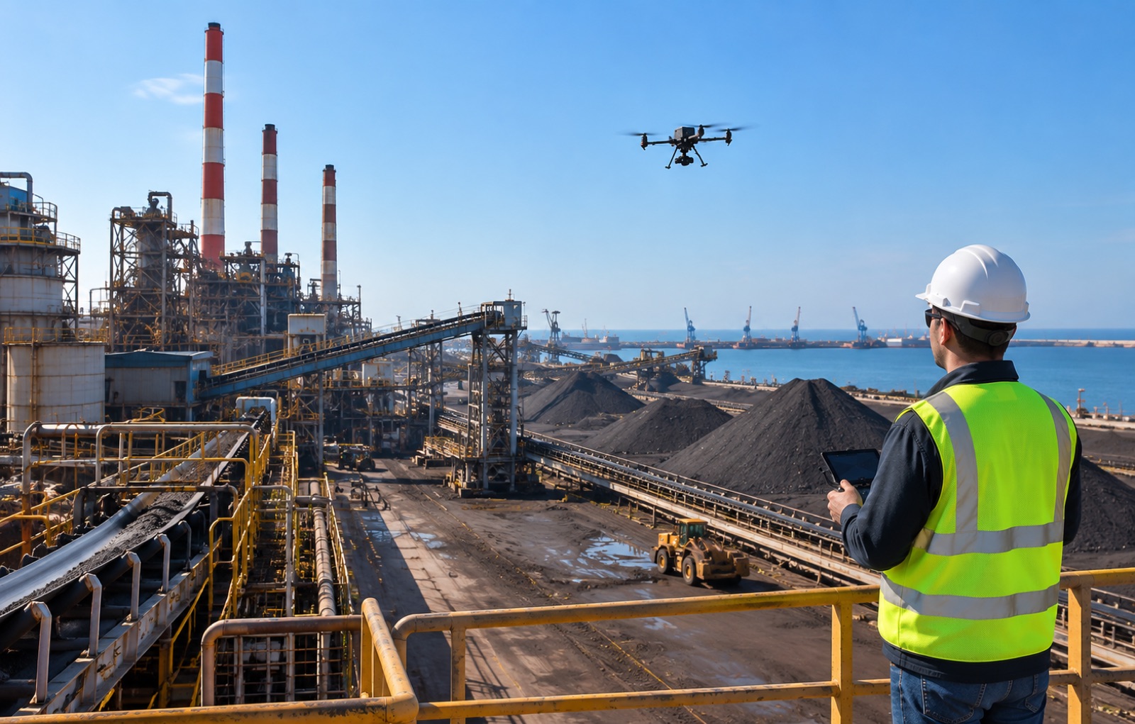 Operator cu tabletă pilotând o dronă deasupra unei platforme industriale cu coșuri și depozite de materiale