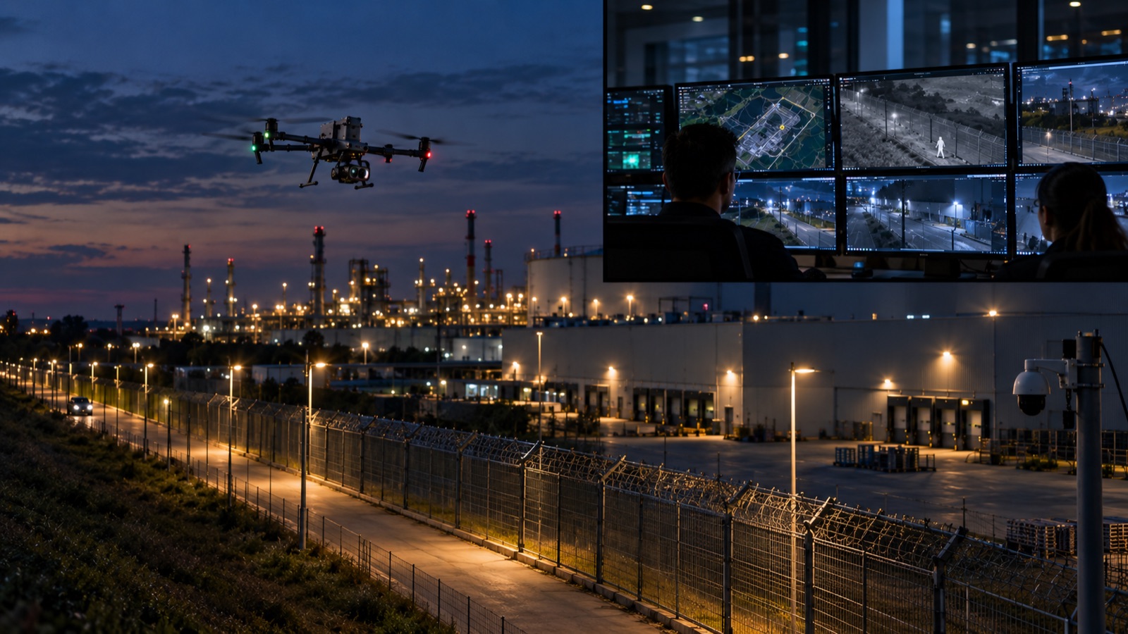 Dronă patrulând perimetrul unei platforme industriale pe timp de noapte, cu operatori la ecrane de monitorizare