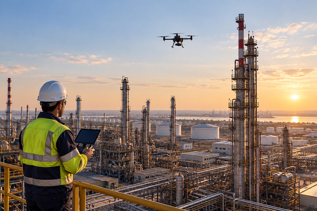 Operator cu tabletă urmărind o dronă în zbor deasupra unei platforme industriale la apus